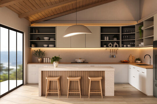 High ceiling modern kitchen with wooden island and bar stools