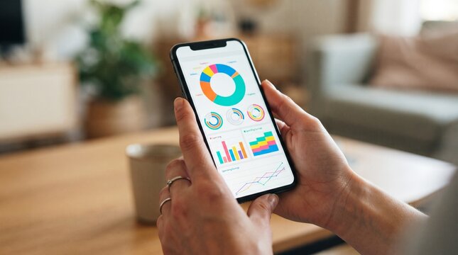 Person holding smartphone displaying financial charts and graphs for analysis