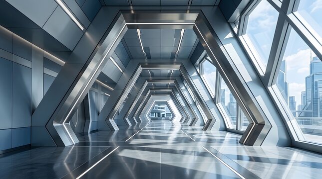 Futuristic architectural corridor with glass walls