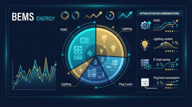 This graphic displays a building energy management system showing HVAC, lighting control, and energy optimization recommendations.
