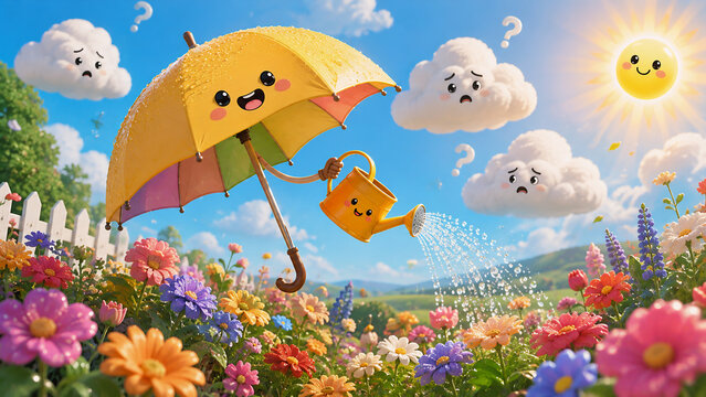 Happy Umbrella Watering Colorful Flowers Under Bright Sunshine Whimsical Fantasy Scene