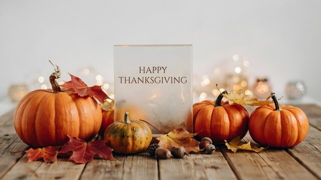 Happy thanksgiving greeting card with pumpkins, autumn leaves and acorns on rustic wooden table with bokeh lights in background