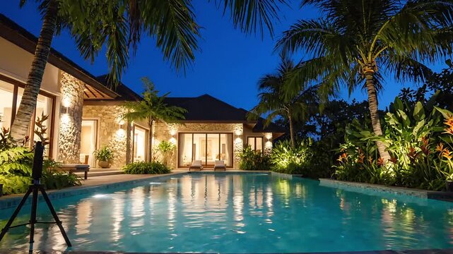 Stunning tropical villa private pool palm trees at night