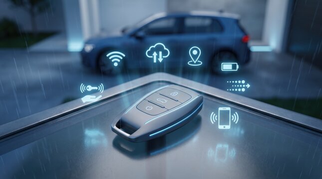 Modern car key fob resting on vehicle roof with floating digital icons for remote start, location tracking, and wireless connectivity, showcasing smart automotive technology