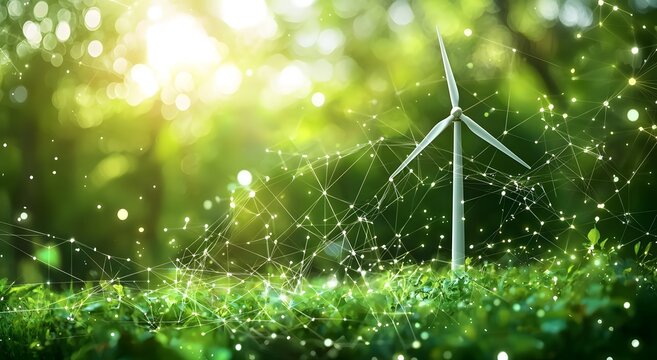 Wind turbines generating green electricity in eco landscape image