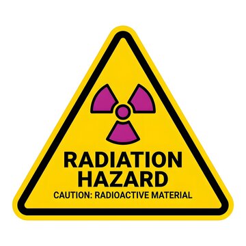 Radiation hazard warning sign on yellow triangle. Caution radioactive material symbol for safety and nuclear risk alerts.