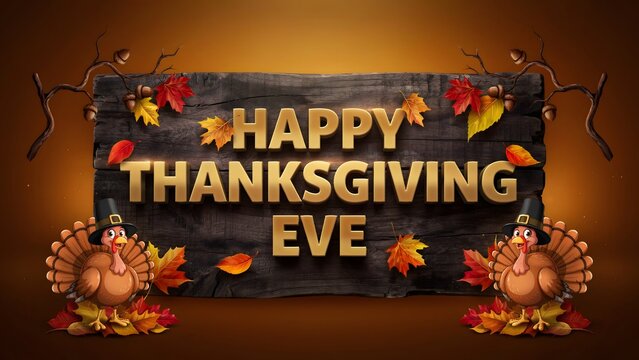 Happy thanksgiving eve greeting card with golden 3d text on a rustic wooden sign, decorated with autumn leaves, acorns, and cute cartoon turkeys