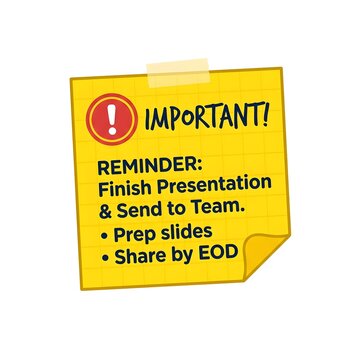 Urgent deadline reminder sticky note on office wall. Important business task notification with red alert icon for team collaboration.