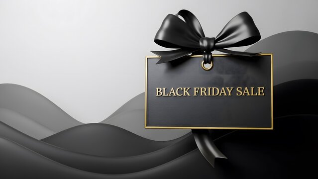Black friday sale tag with a black ribbon bow on a dark wavy background minimalist 3d render of a luxury shopping concept for promotional events