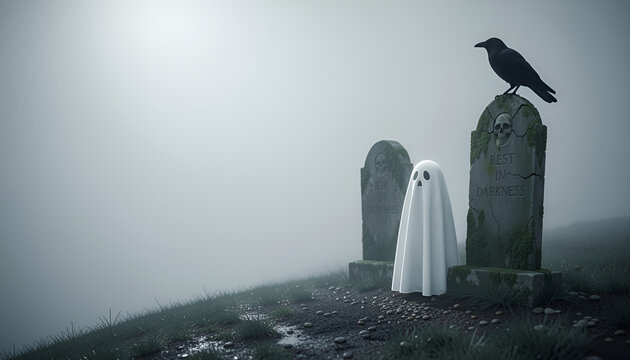 Happy halloween 2027 featuring a ghost near gravestones marked RIP and Rest in Darkness, with a perched crow on a foggy hillside in a somber gothic cemetery scene with copy space