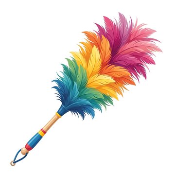 Vibrant multicolor feather duster for cleaning and decor. Bright rainbow plumes on wooden handle for home and office use.