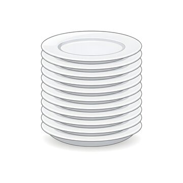 Stack of plain white dinner plates ready for table setting. Minimalist round ceramic dishware for elegant dining presentation.