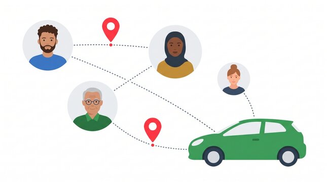 Ride sharing network connection concept illustration with diverse people profiles connected to car and location pins, transportation service app idea