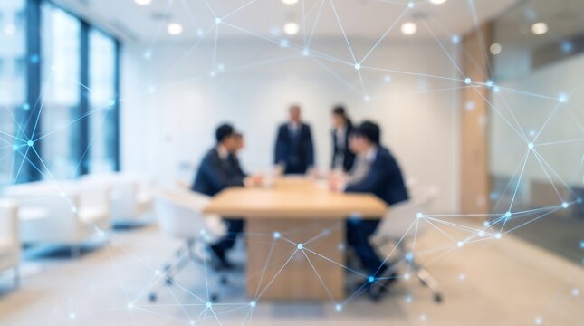 Professional business team meeting in glass walled office with digital network nodes and data connections overlay symbolizing modern corporate connectivity and teamwork technology