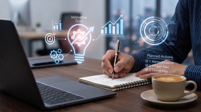 Close up of hand writing innovative goal plan in notebook with digital business charts and lightbulb icon overlay, strategic planning, startup success and creative brainstorming
