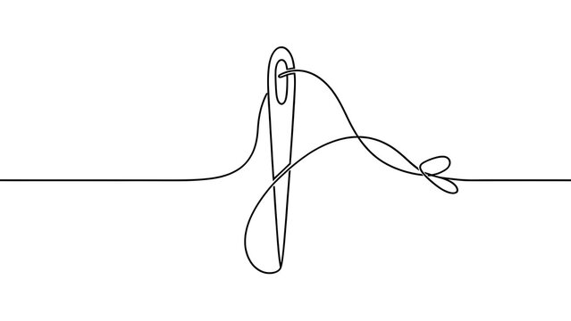 Minimalist line art sewing needle white background.