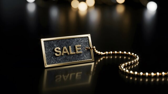 Golden sale tag with a beaded chain on a black reflective surface with bokeh lights in the background