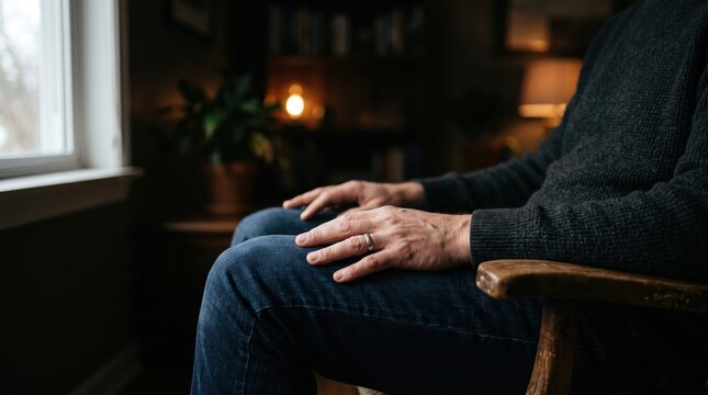 Senior man sitting by window in dark room, thinking deeply about life decisions, retirement planning, or feeling lonely and isolated at home, hands resting on knees, side view