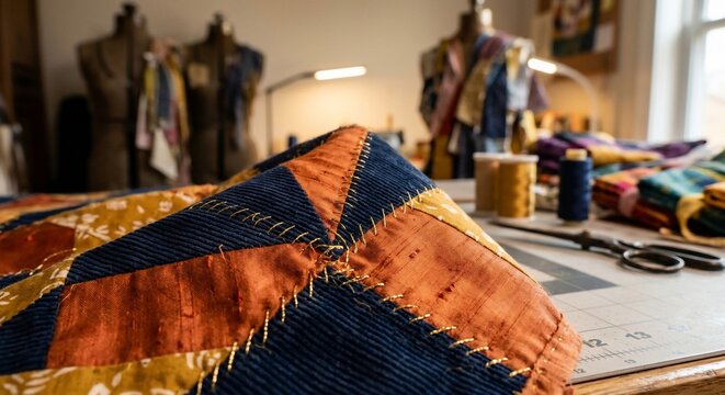 Handmade patchwork quilt fabric with gold thread embroidery in workshop