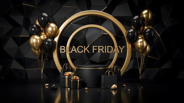 Black friday sale background with product display podium, golden rings, balloons, and gift bags on a black geometric wall