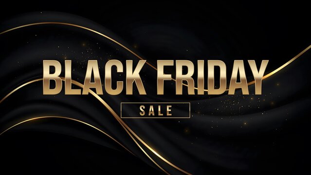Black friday sale banner with gold text on a luxury black wavy background with golden lines and glitter particles