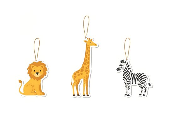 Set of hanging safari animal paper tags featuring a lion giraffe and zebra for nursery decor