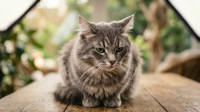 Close-up of a fluffy gray cat with green eyes on wooden surface