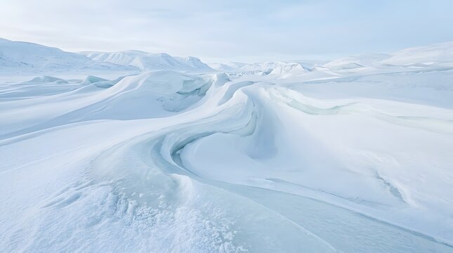 Snow-covered icy landscape with wind-sculpted formations