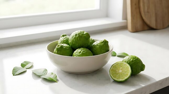 A bowl filled with fresh bergamot citrus fruit on a clean marble kitchen countertop next to some green leaves and one cut piece in natural sunlight