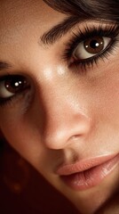 Fototapeta premium Close-Up Portrait of a Woman with Intense Eyes and Natural Makeup Highlighting Facial Features