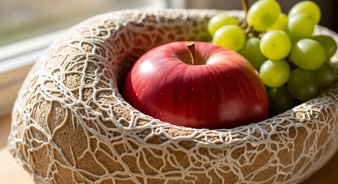 A close-up shot of a vibrant red apple and a bunch of fresh green grapes nestled in a unique, textured bowl, bathed in natural light.