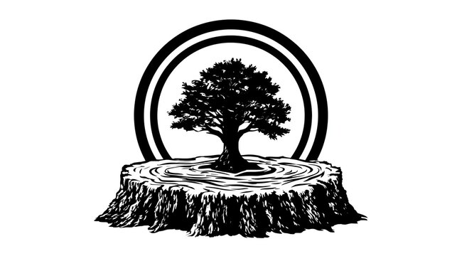 Black and white illustration of a tree stump with a tree growing from it, enclosed by two concentric circles