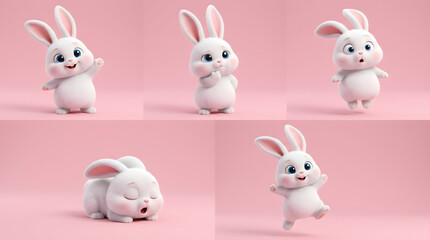 Obraz premium Cute 3D White Rabbit Character Poses on Pink Background