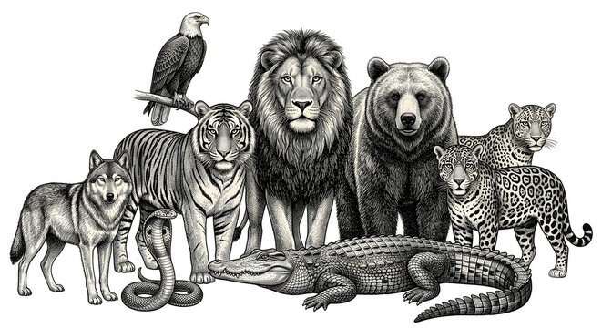Detailed vintage engraving style illustration of various wild animals together
