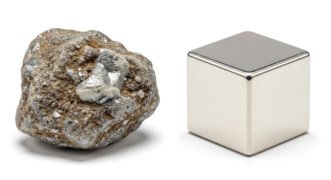 A side by side comparison showing a piece of raw rare earth mineral ore next to a highly polished square cube of pure refined holmium metal, high tech, raw, metal