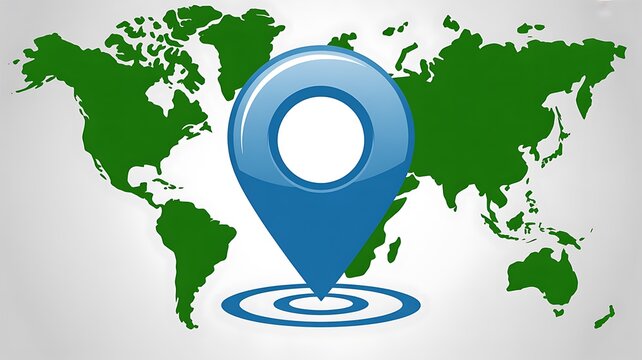 Blue glossy location pin icon centered over a green world map representing global navigation and travel
