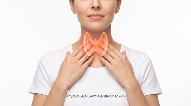 Thyroid health awareness concept with woman touching neck area, endocrinology