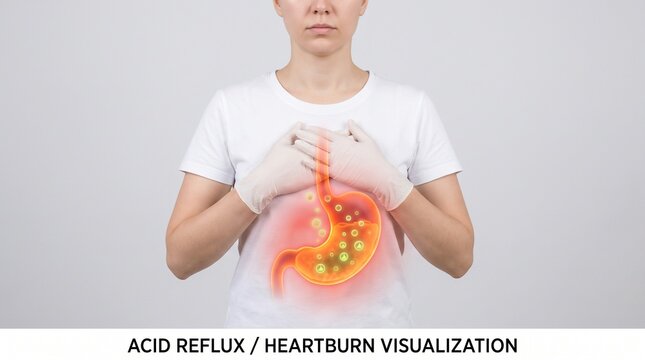 Medical visualization of acid reflux heartburn symptoms in human stomach