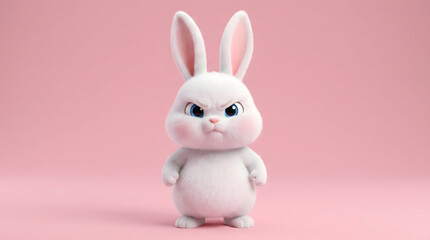 Fototapeta premium Cute Grumpy White 3D Cartoon Rabbit on Pink Background