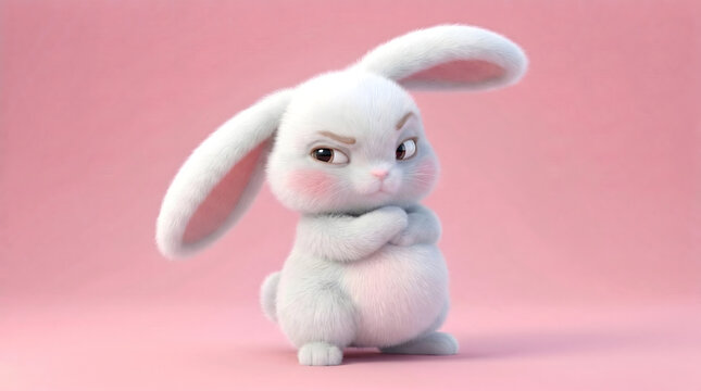 Cute Grumpy White Bunny with Crossed Arms on Pink Background