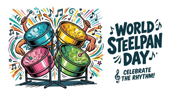 World Steelpan Day celebrate the rhythm colorful hand drawn illustration