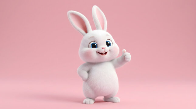 Cute White Cartoon Bunny Giving Thumbs Up on Pink Background