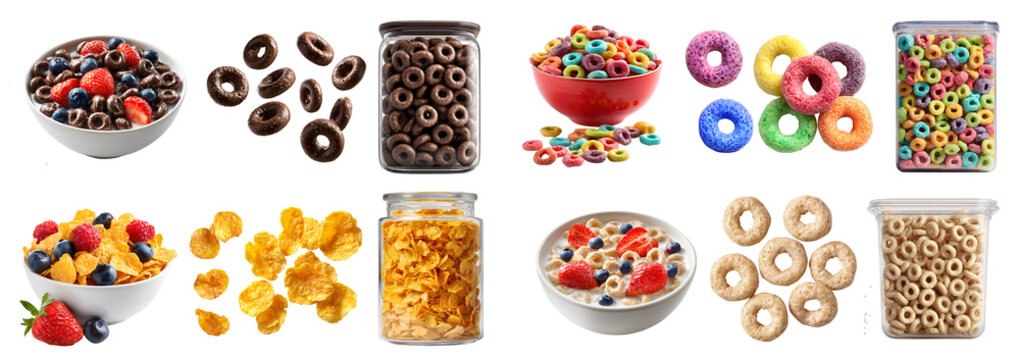 Set of 4 breakfast cereal pile, corn flakes cornflake, whole grain oats rings, chocolate cocoa loops, colorful fruit flavored, bowl with fruit, airtight container, transparent cutout PNG