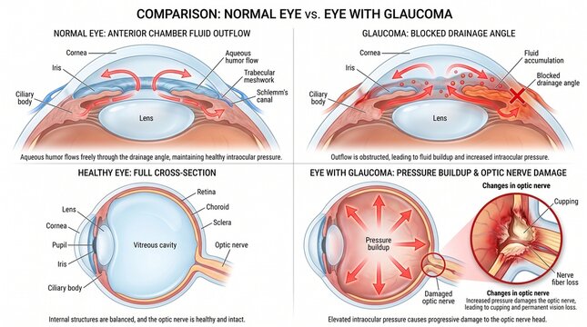 Anatomical eye comparison of normal vision versus glaucoma eye disease