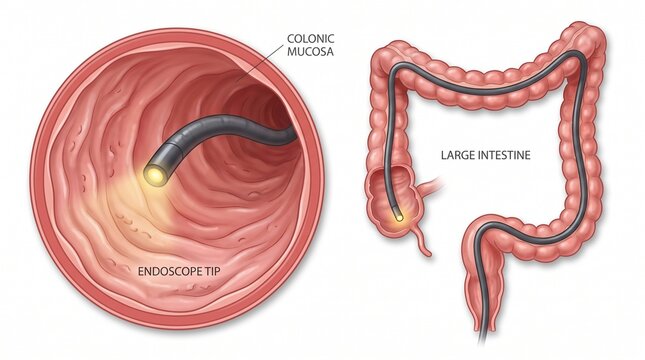 Medical illustration of colonoscopy procedure inside human large intestine