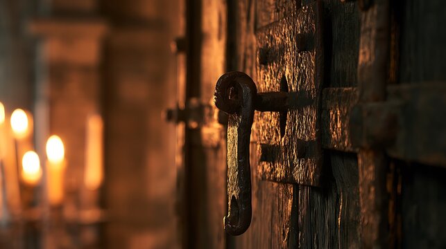 Ancient wooden door with ornate metal handle illuminated by warm candlelight.