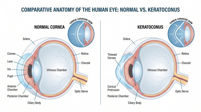 Comparative anatomy of normal human cornea versus keratoconus eye condition