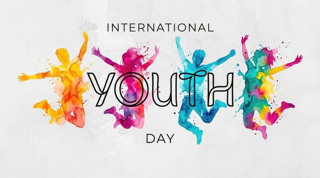 International Youth Day banner with colorful watercolor splash jumping silhouettes