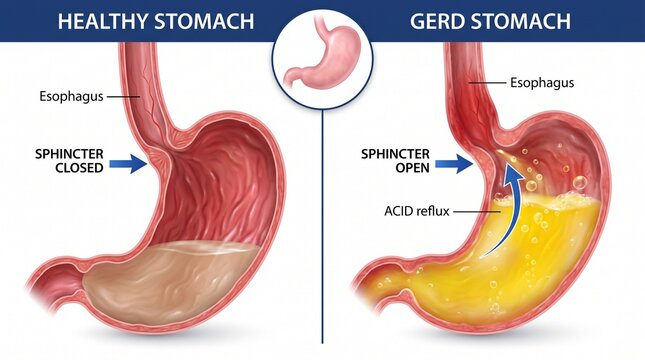 Comparative anatomy of healthy stomach and gerd condition with digestive