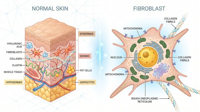 Normal skin structure and fibroblast cell anatomy with fibroblast, epidermis
